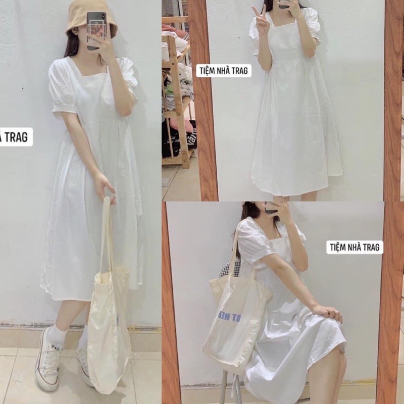 Váy Trắng Trễ Vai Tay Cộc Cổ Thuyền - Đầm Cổ Vuông Bo Chun Tay Phồng Hot Ảnh Thật | BigBuy360 - bigbuy360.vn