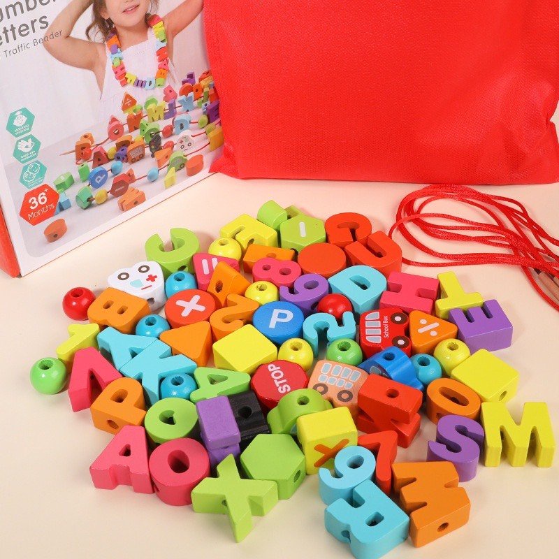 Xâu luồn hạt chữ số kèm phương tiện giao thông bằng gỗ chất liệu đẹp an toàn cho bé từ 3-6 tuổi