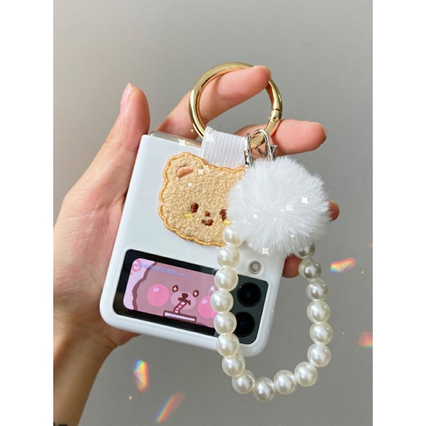 [HÀNGSẴN] Ốp lưng Z Flip 3 / Z Flip 4 Trắng gấu vải có ring đeo tay kèm dây móc cục bông cực cute tặng decal dán