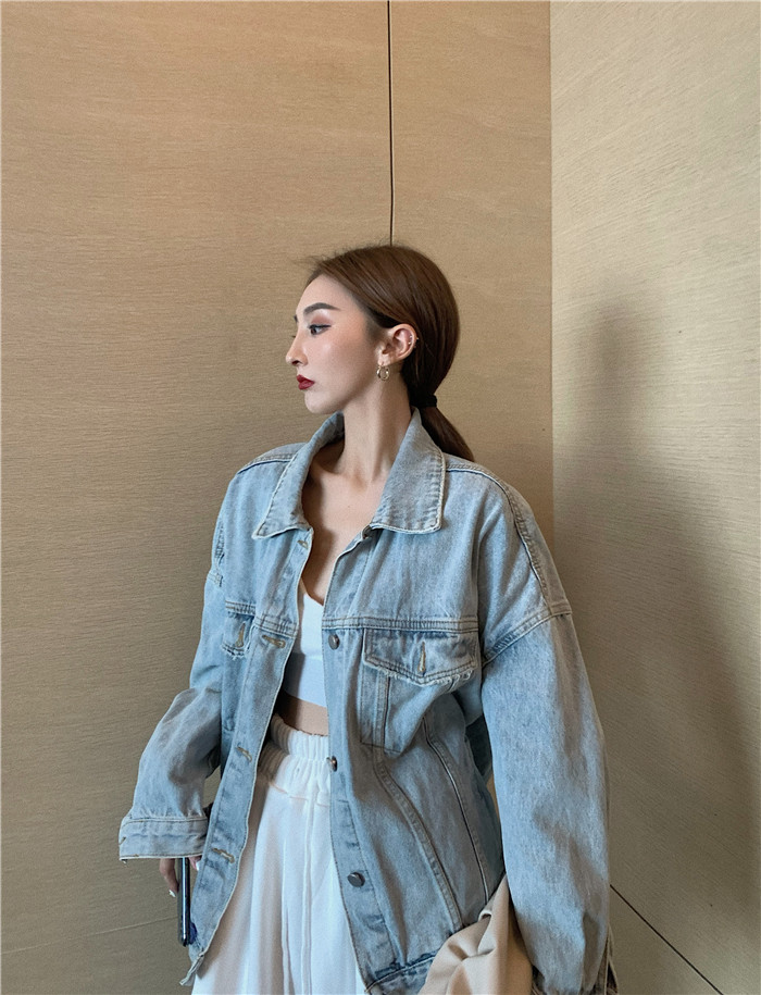 Korean style women's short denim jacket Korean long body denim jacket