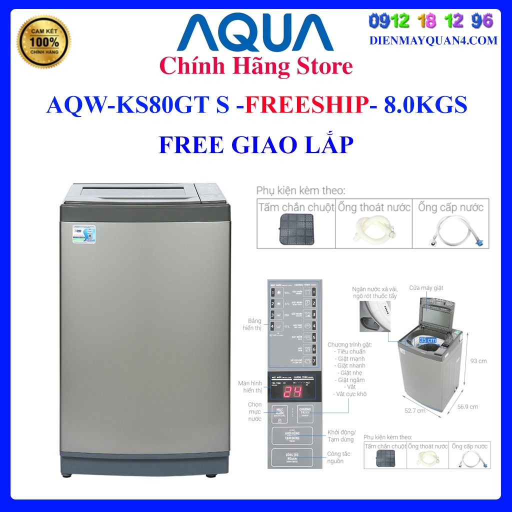 [Mã ELHAMS5 giảm 6% đơn 300K] [Aqua KS80GT] Máy giặt Aqua AQW-KS80GT S 8 KG , BẢO HÀNH CHÍNH HÃNG 24 THÁNG