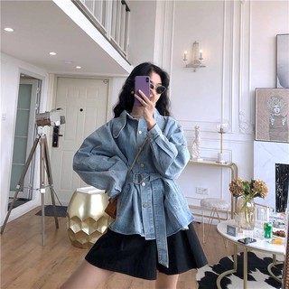 Áo khoác jeans nữ tay dài có nịch eo màu xanh nhạt ulzzang
