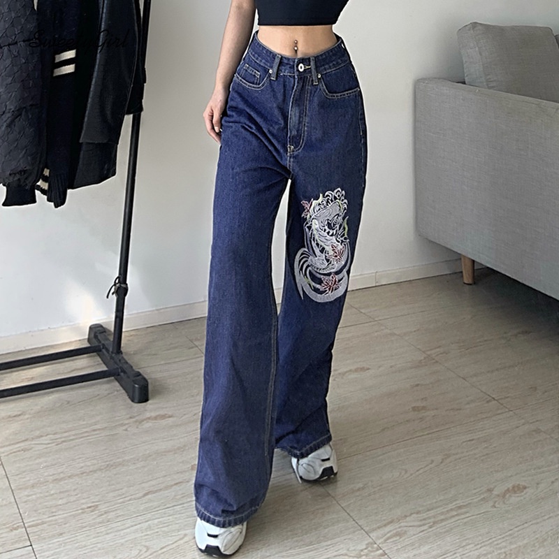 Quần Jeans Nữ Lưng Cao Thêu Hình Rồng Thời Trang