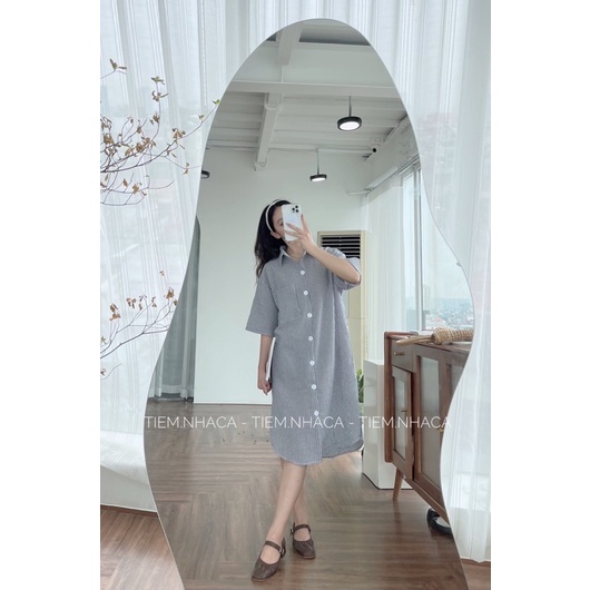 Đầm nữ xinh xắn váy sơmi kẻ xốp tay lỡ dáng dài ulzzang hàn quốc  Tiệm Nhà Cá