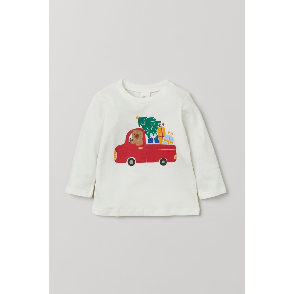 Áo cotton trắng oto đỏ HM H&amp;M sz 6-9, 12-18m_hàng chính hãng authentic