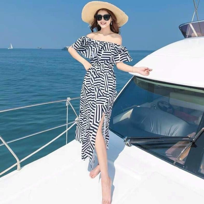 TTO-Video ảnh thật, Đầm xẻ tà dài bèo vai trễ vai in 3D, lụa caro trắng đen đi biển, dạo phố