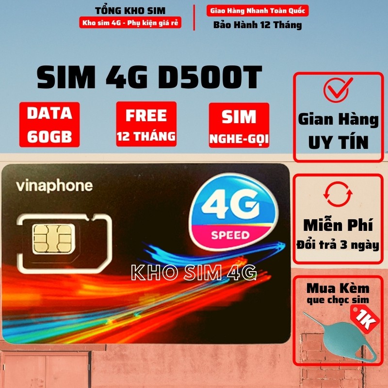 Sim 4G Vinaphone D500 / D500T (Nghe-Gọi được) Data 5Gb/Tháng, Không giới hạn dung lượng, Free 12 tháng Không phí duy trì