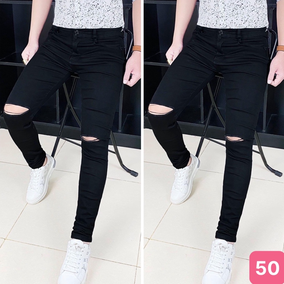 Quần jean nam rách vá da màu đen đậm trơn chất bò cao cấp co dãn tốt form dáng skinny Havado Q111 mẫu đẹp