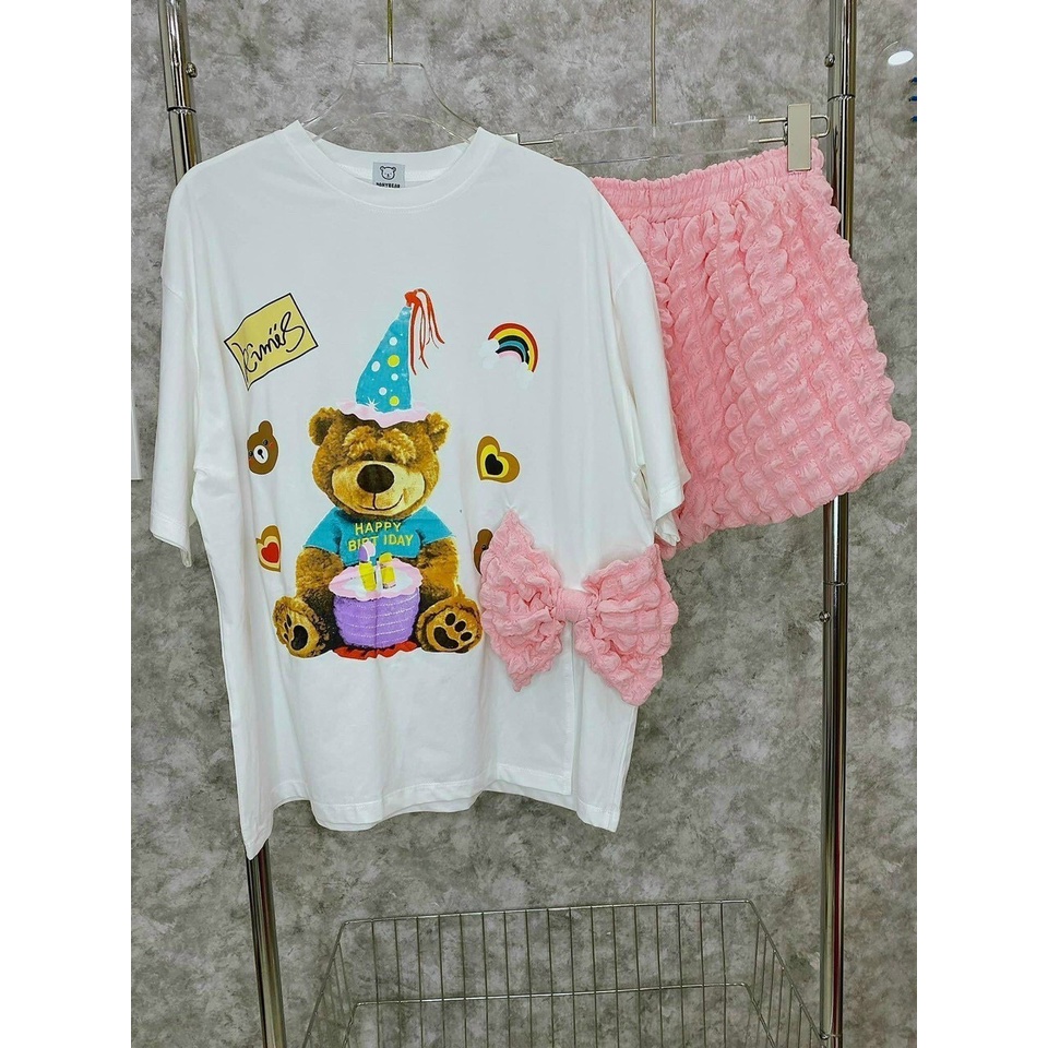 sét bộ đùi quần xốp phối áo thun in gấu xẻ ta nơ hot