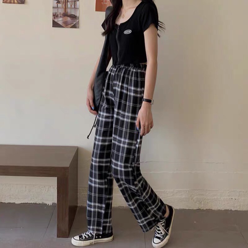 Quần Kẻ Nữ Ống Rộng Cạp Chun Caro Lưng Cao Dáng Rộng Ống Suông Vải Dày  Màu Hot Hit