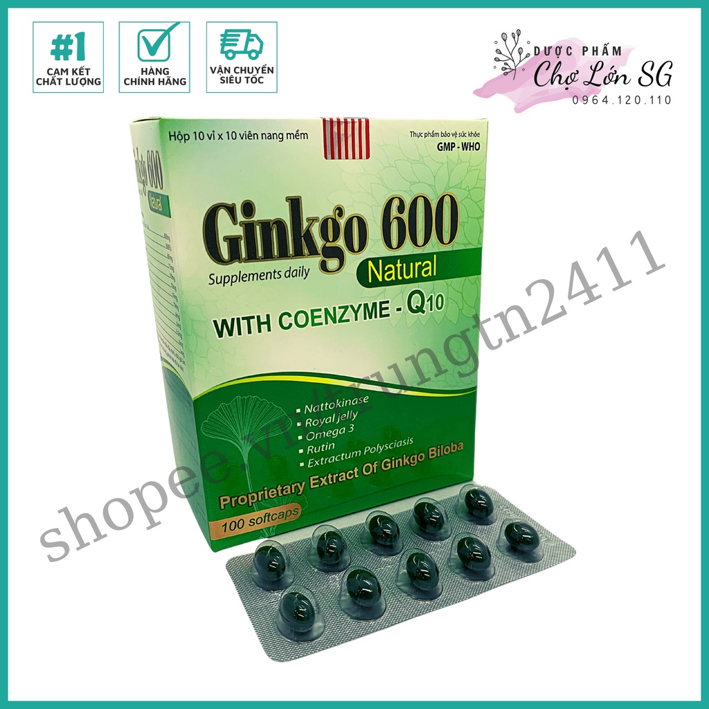 Hoạt huyết dưỡng não GINKGO 600 NATURAL WITH COENZYM Q10 giúp tăng tuần hoàn não (600mg XANH LÁ) - Hộp 100v