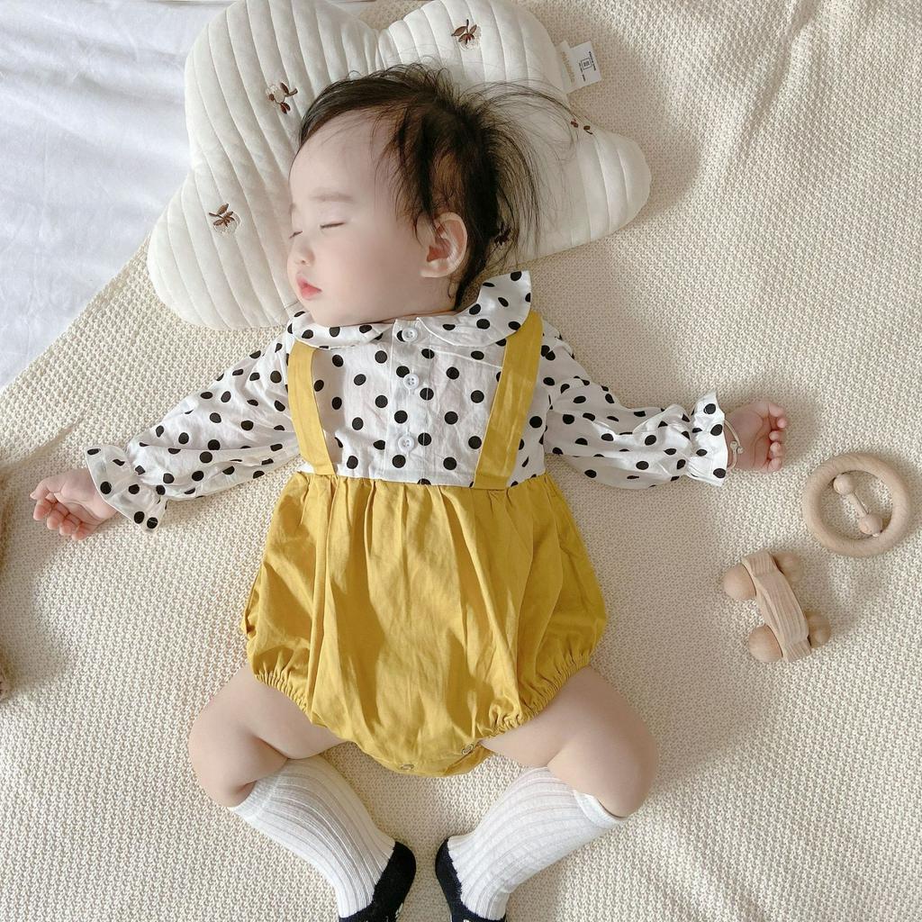 Áo Liền Quần Tay Dài Cổ Búp Bê Họa Tiết Chấm Bi Xinh Xắn Cho Bé Gái 0-2 Tuổi