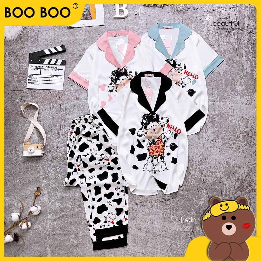 Đồ Bộ Phi Lụa Bò Sữa Dễ Thương Thoáng Mát, Pijama Lụa Cao Cấp