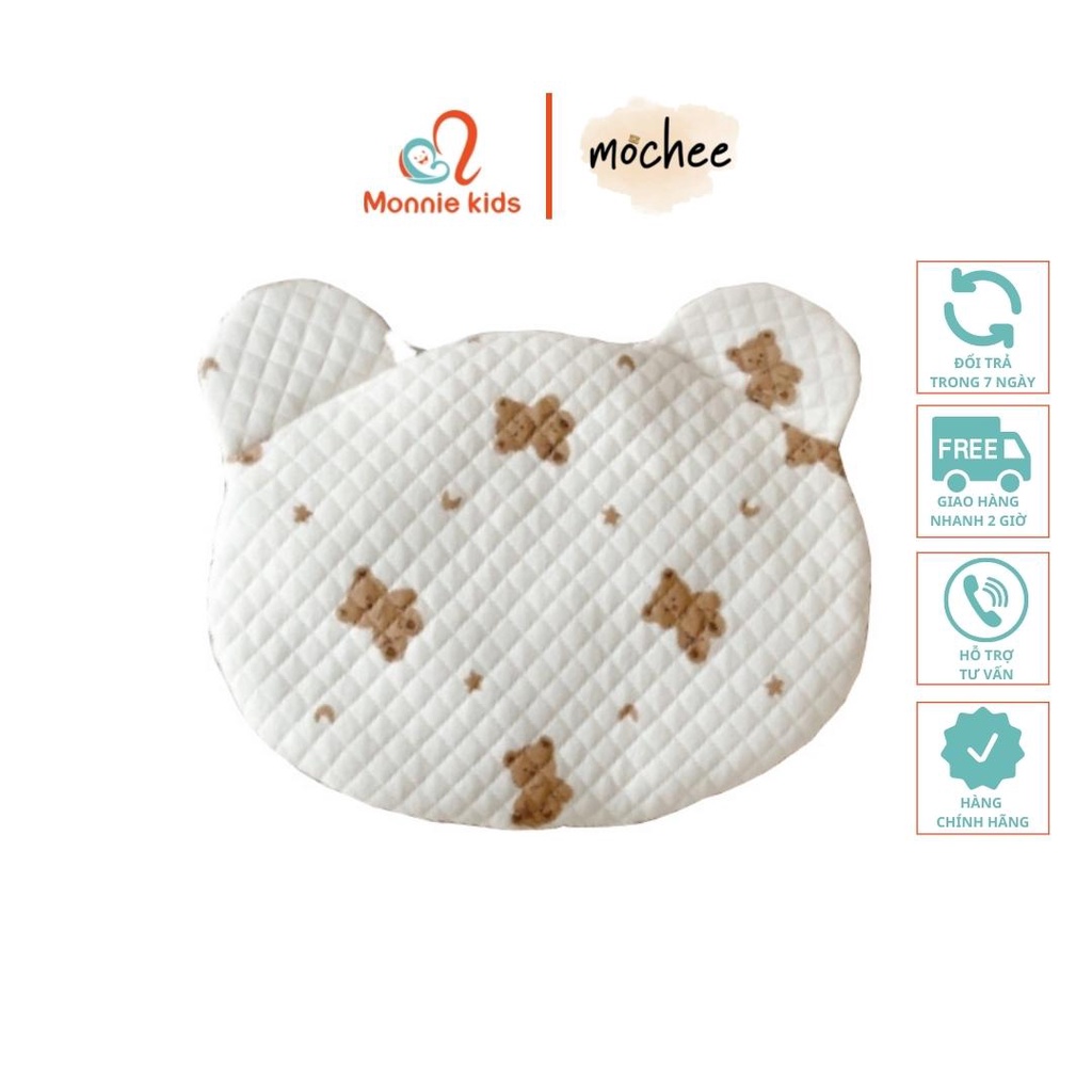 Gối tai gấu lụa cotton Mochee cho bé họa tiết mềm mại