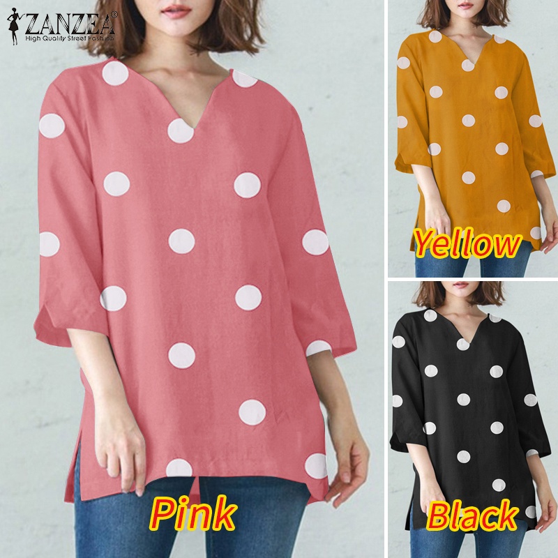 ZANZEA Áo Nữ Tay 3 / 4 Cổ Chữ V Họa Tiết Chấm Bi Thời Trang