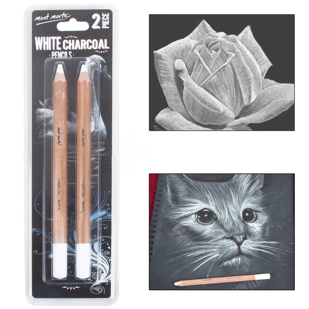 Bộ 2 Bút Chì Than Trắng Mont Marte - White Charcoal Pencils Lge Hex Signature 2pc - MPN0097