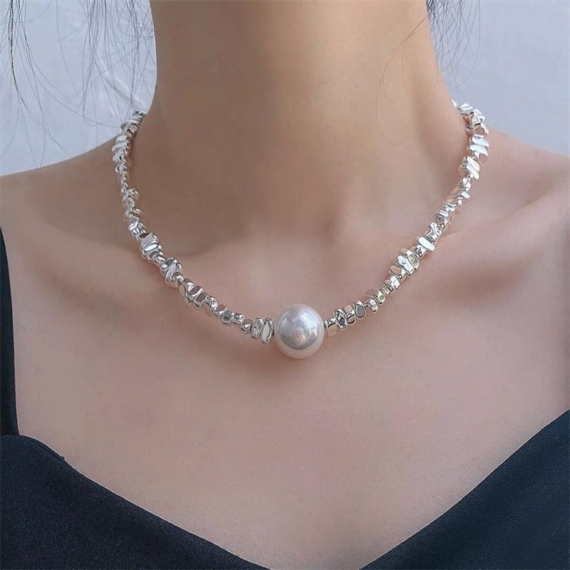Vòng cổ Bạc Mặt Hình Học Đính Ngọc Trai Nhân Tạo Thời Trang