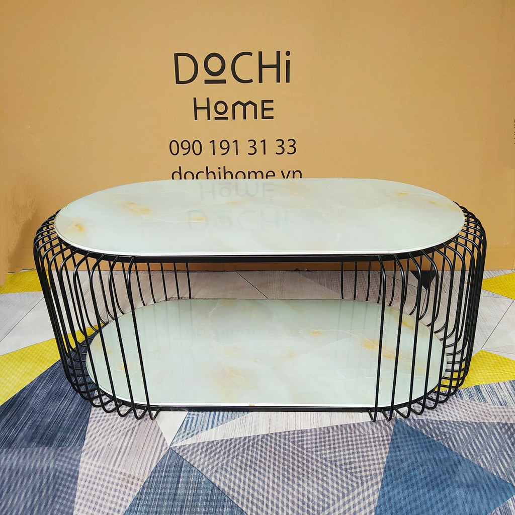 BÀN SOFA OVAL CHÂN ĐEN MẶT KÍNH VÂN ĐÁ DOCHI HOME