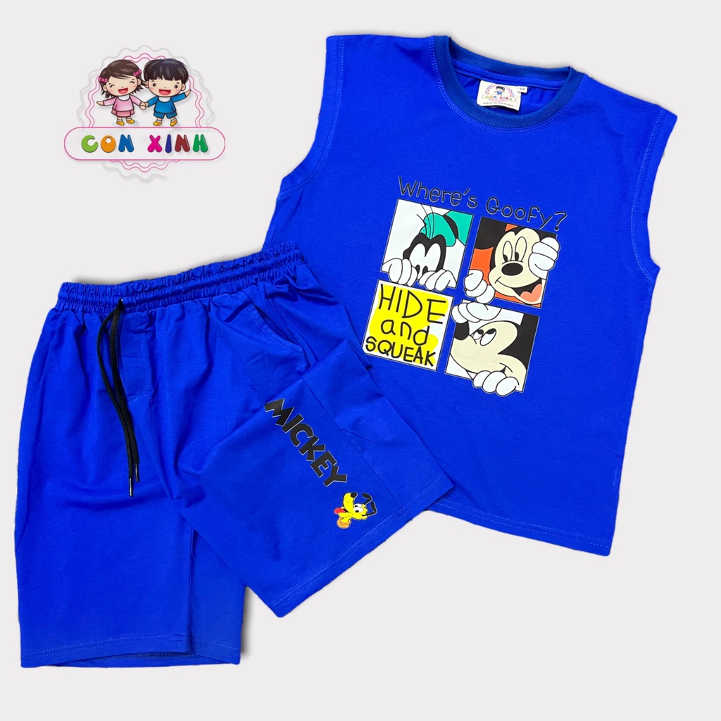 Đồ bộ bé trai Con Xinh cotton sát nách hình in 3 chú chuột MIC, thời trang mùa hè cho trẻ em từ 14 đến 45kg