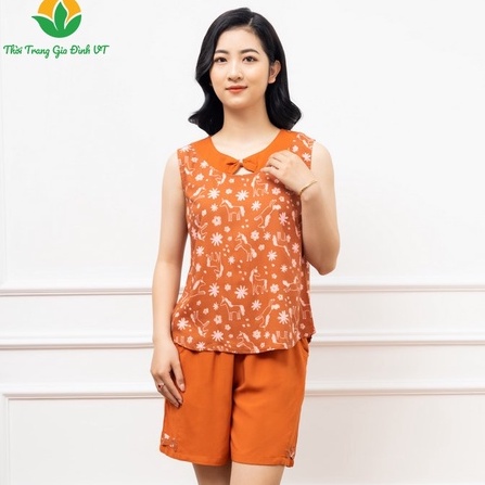 Bộ mặc nhà quần đùi áo sát nách cổ nơ nữ Việt Thắng chất lanh họa tiết trẻ trung -B02.2211