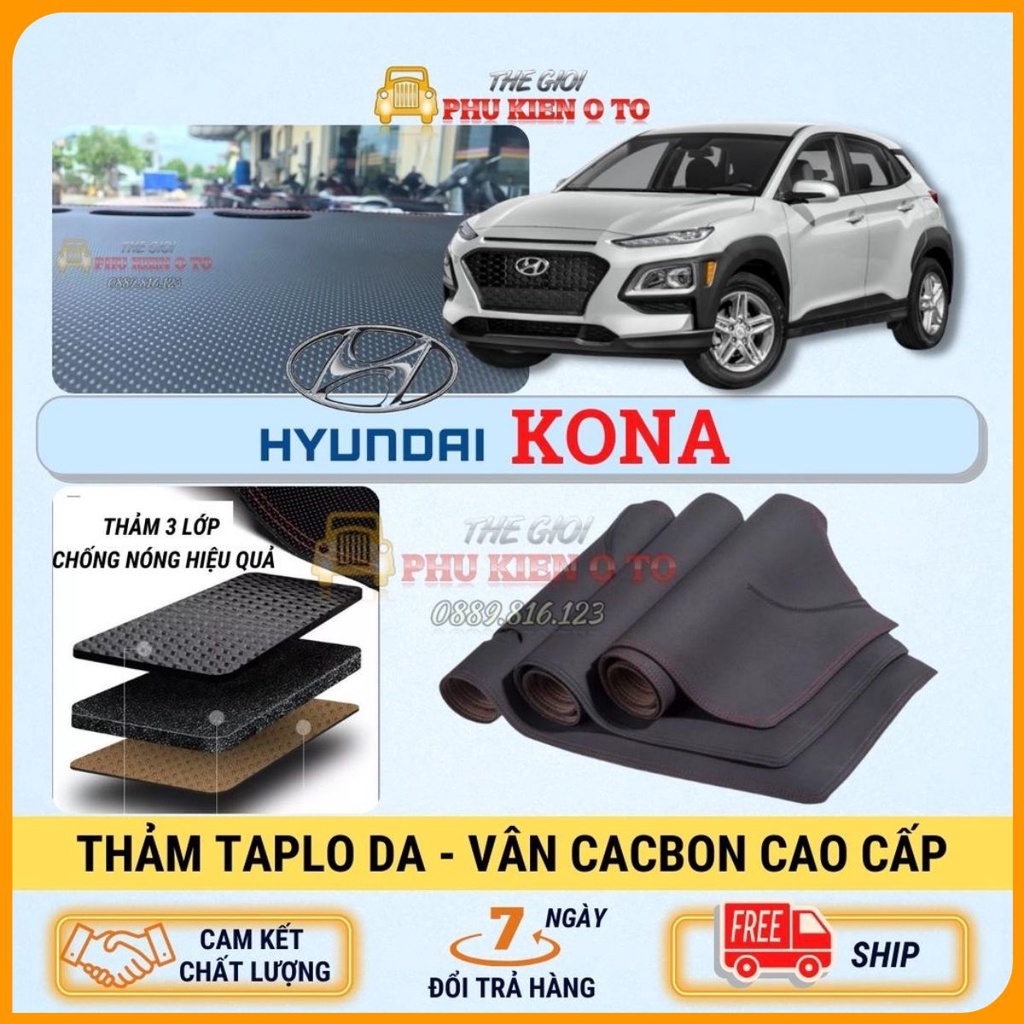 Thảm taplo Hyundai Kona 2018 - 2021 da Cacbon cao cấp, chống nóng ô tô hiệu quả