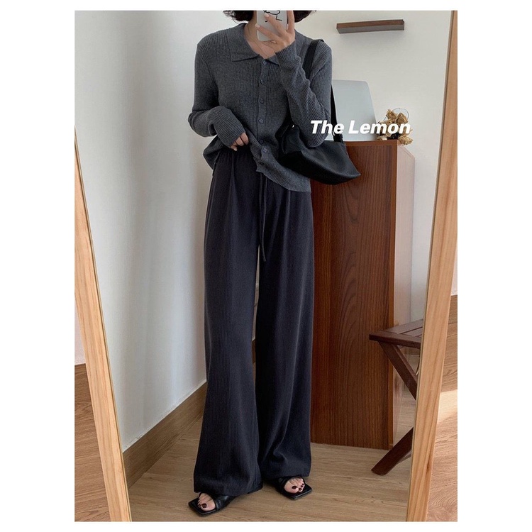 [Spot] Quần ống rộng lưng cao bằng vải nhung kẻ phong cách Hàn Quốc đơn giản dễ phối đồ