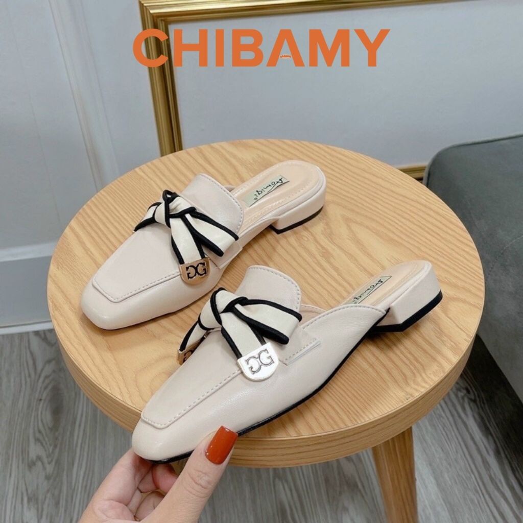 Giày Sục nữ DG mũi vuông CHIBAMY chất da mềm thắt nơ phong cách nhẹ nhàng, sang chảnh đế 2cm