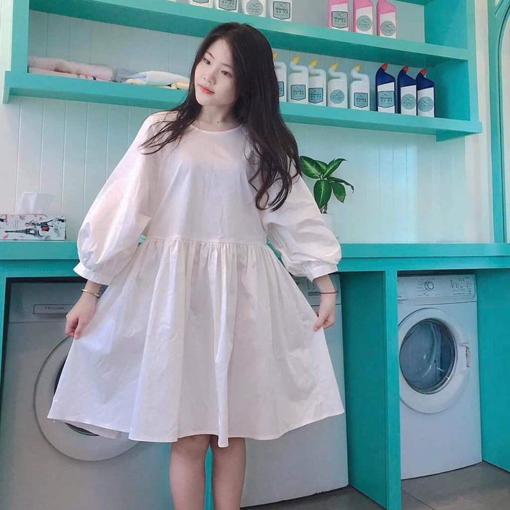 (new) VÁY BABYDOLL OVERSIZE TAY PHỒNG ĐEN TRẮNG - ĐẦM NỮ XOÈ TRƠN 2 MÀU ULZZANG