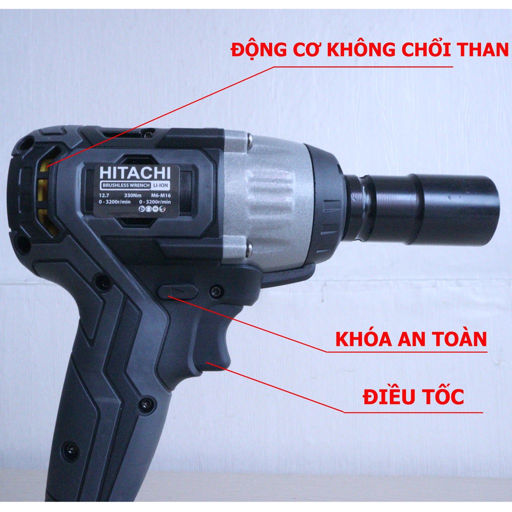 Máy siết bulong Hitachi 199V - 3 ĐÈN LED - Kèm 5 ĐẦU KHẨU VÀ 1 ĐẦU CHUYỂN VÍT - KHÔNG CHỔI THAN