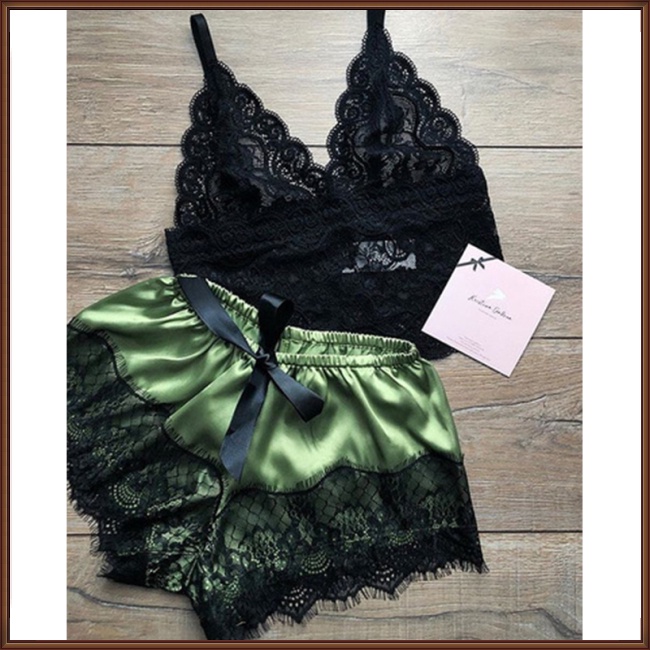 Bộ Đồ Ngủ 2 Món Áo Hai Dây Cổ Chữ V Phối Ren Và Quần Lót Ren Quyến Rũ Dành Cho Nữ