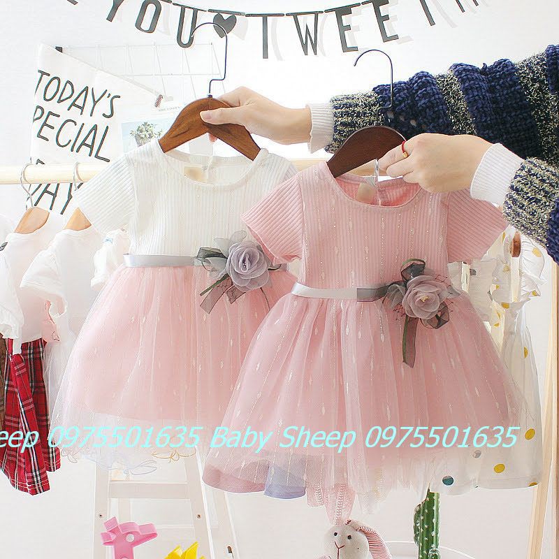 Váy cotton co giãn phối ren đính hoa eo cho bé gái từ 5-15kg Baby Sheep