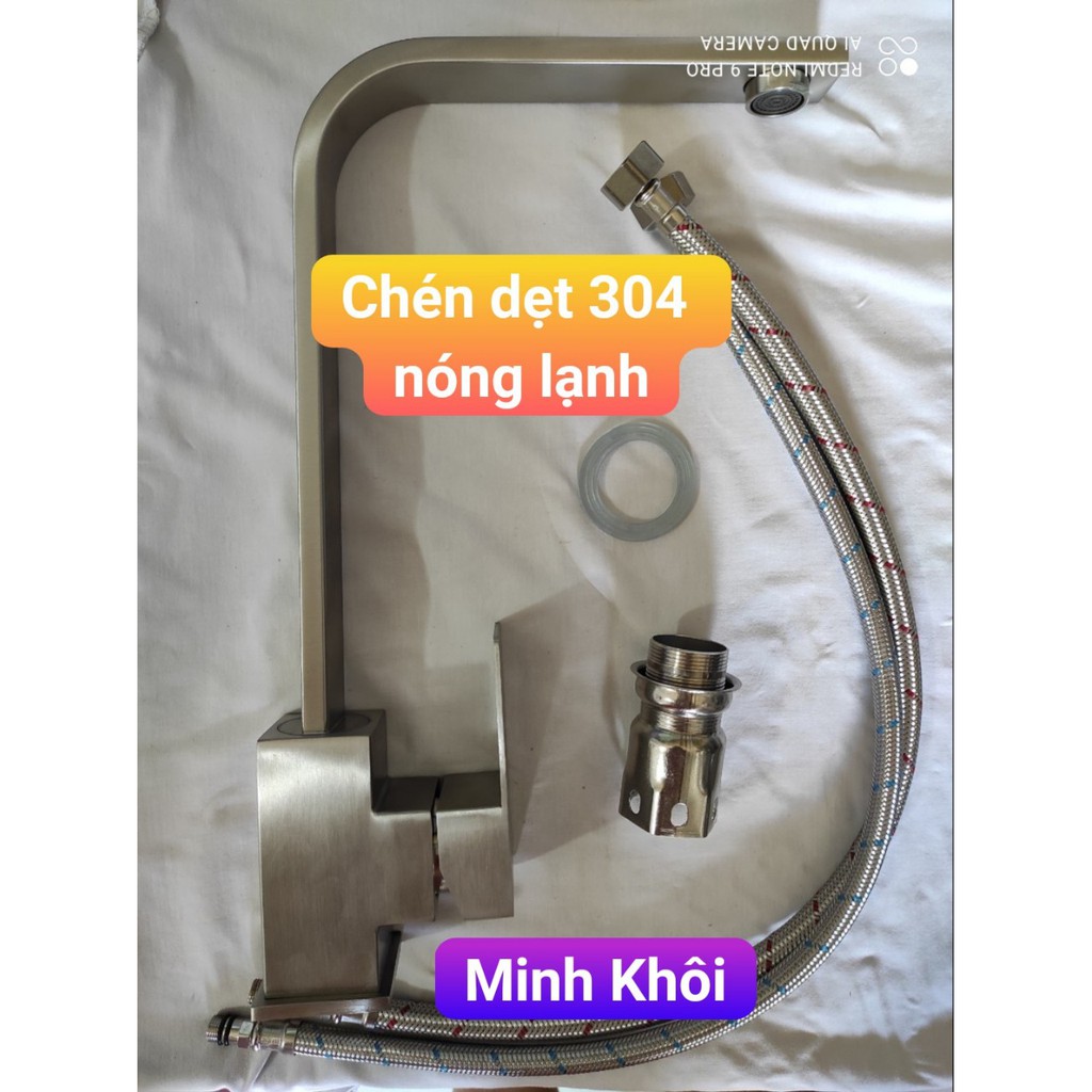 Vòi rửa chén nóng lạnh vuông inox 304 kèm 2 dây cấp NL