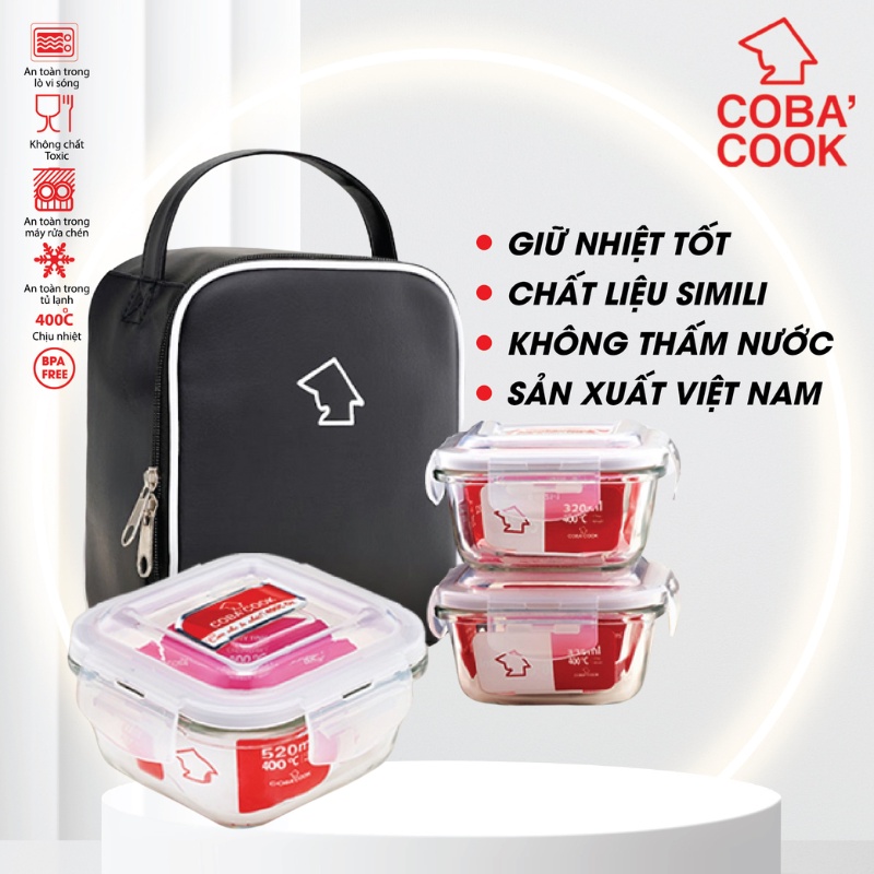 Bộ 3 Hộp Thủy Tinh Chịu Nhiệt COBACOOK Gồm 1 Hộp 530ml 2 Hộp 320ml Và Túi Vuông Simili Giữ Nhiệt- CCS5S33SS