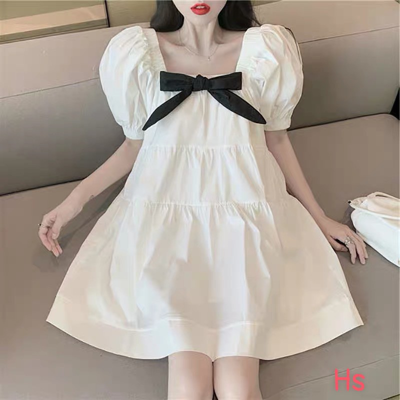 Đầm Babydoll Nữ Cổ Vuông Nơ Đen Cài Trễ Vai