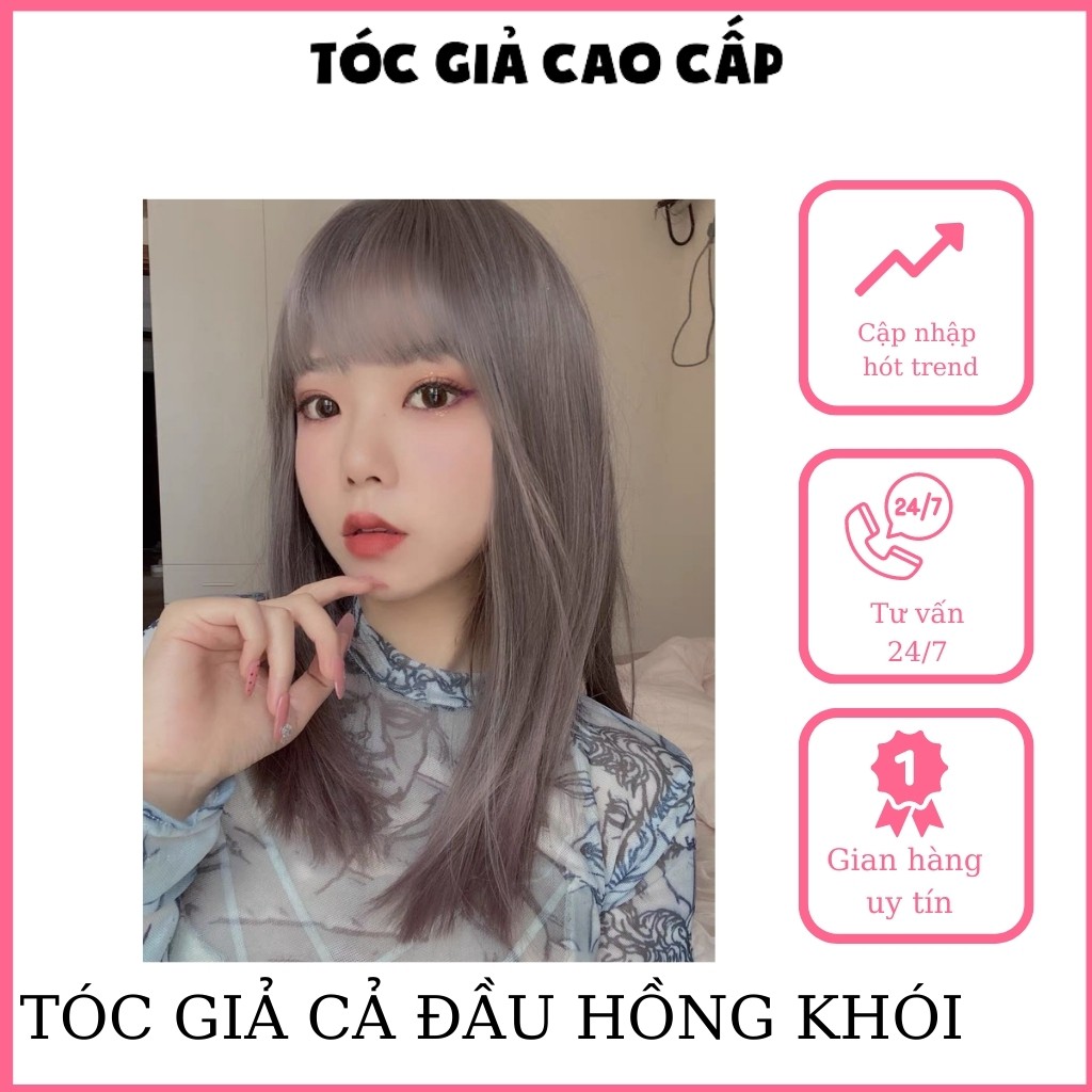 Tóc giả nguyên đầu nữ thẳng lỡ nhuộm đuôi tóc omber hồng khói, tặng kèm lưới trùm tóc, wig