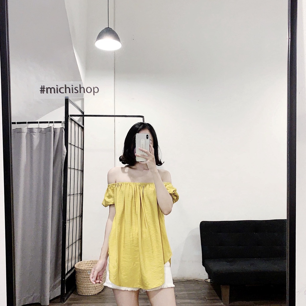 Áo trễ vai tay chun màu xanh-vàng-trắng chất đũi mát dáng oversize - 80A01