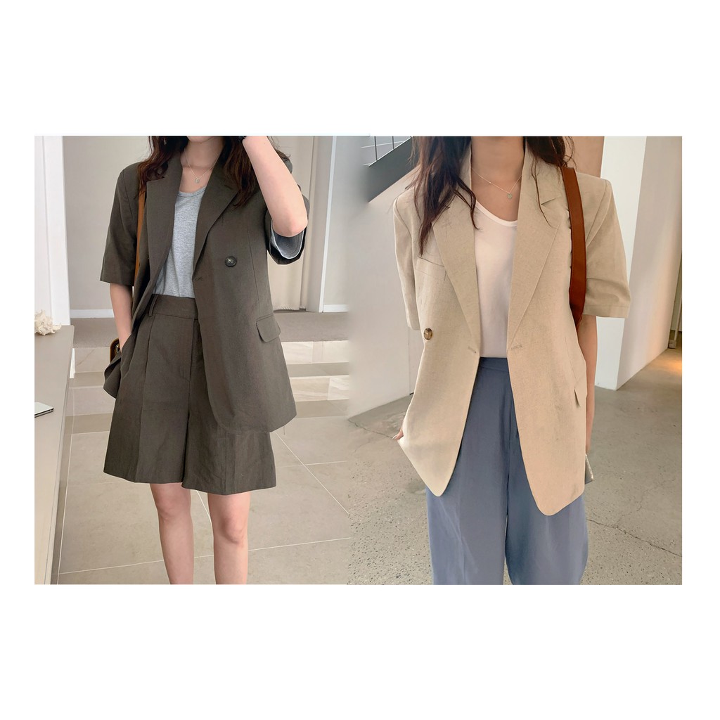Bộ Áo Khoác Blazer Cotton Ngắn Tay Dáng Rộng Phối Nút + Quần Xinh Xắn