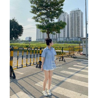 Set sơmi nút tà + quần short trắng