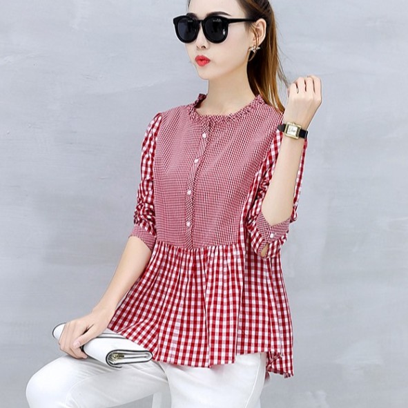 Áo kiểu nữ thời trang, Áo sơ mi nữ phối màu trẻ trung nữ tính, kẻ caro cực xinh ALE16