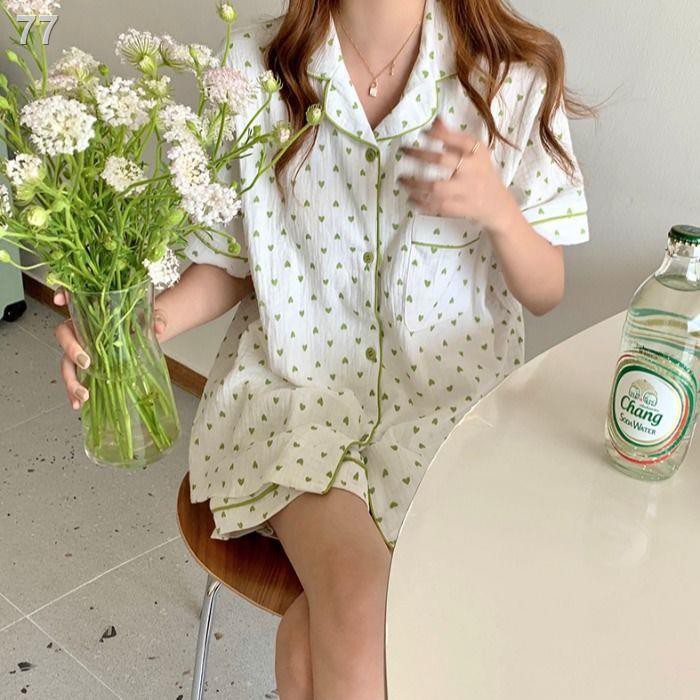 Phiên bản Hàn Quốc của ins sweet love 100 cotton linen nữ pyjama nữ mùa hè ngắn- quần đùi ngắn tay và quần áo công sở ch