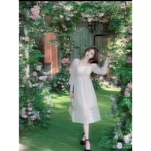 ĐẦM MIDI NUDE TAY DÀI BỒNG CỔ VUÔNG DÂY CHÉO