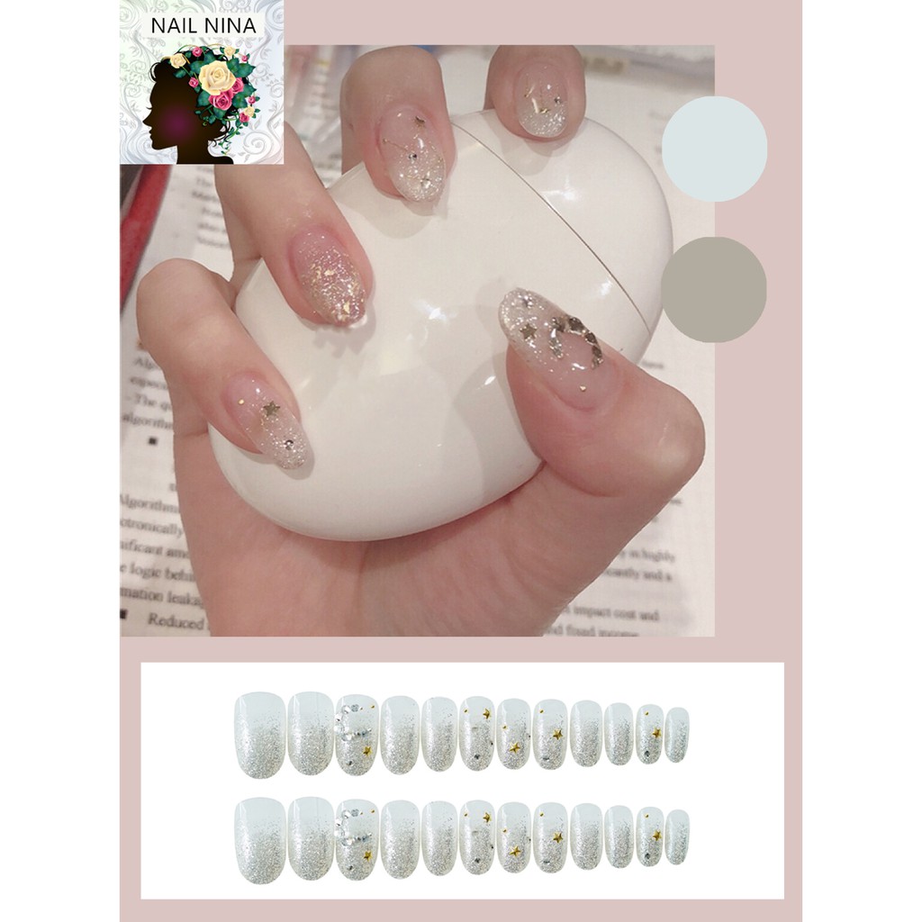 Bộ móng tay giả Nail Nina trang trí nghệ thuật hoạ tiết ánh bạc mã 267【Tặng kèm dụng cụ lắp】