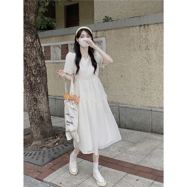 Váy Cổ Vuông Rúm Ngực Chun Lưng Tay Lỡ Dáng Xòe Dài Bồng Bềnh, Đầm Công Chúa Nơ Lưng