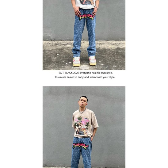 American High Street Flocking Embroidered Gradient Jeans Men's Ins Fashion Brand Street Hip-Hop Loose Straight Full Printed Pants Vr8N
