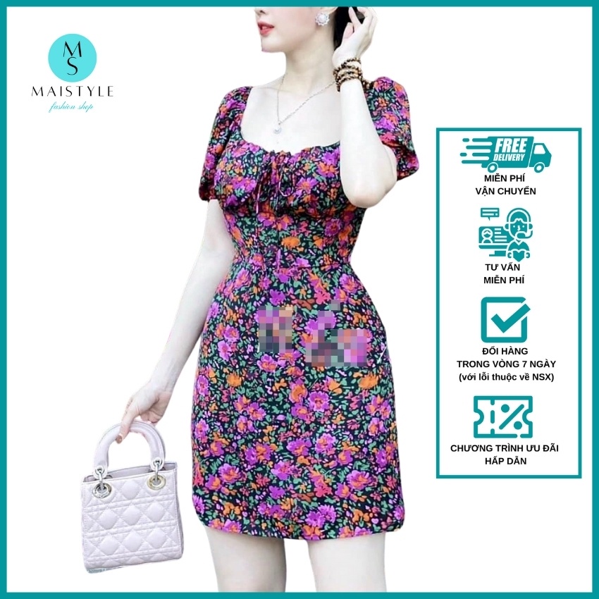 Váy hoa nhí MAISTYLE đầm body hoa nhí tay phồng cổ vuông trễ vai thiết kế đẹp dáng ngắn MY1113 | BigBuy360 - bigbuy360.vn