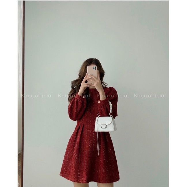 Đầm dạ đỏ nhún eo,đầm dự tiệc,đầm noel,váy dạ cực xinh cực chuẩn tôn dáng
