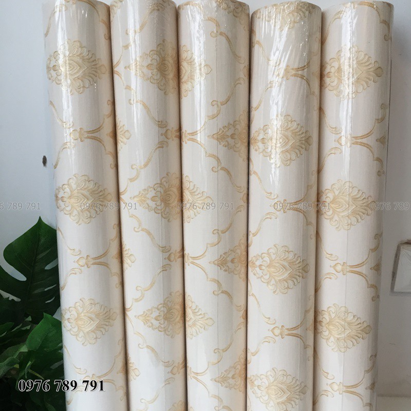 Giấy Dán Tường Hoa Văn Châu Âu 3D Nhỏ Đẹp Cho Phòng Khách, Phòng Ngủ, Lụa Không Keo, Khổ 10m x 53 cm Màu Vàng, Trắng Kem