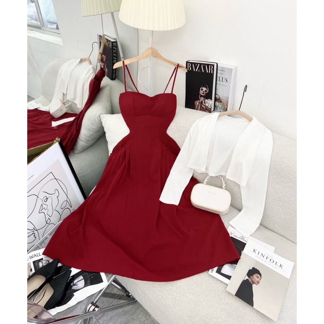 Set đầm ( có Bigsize) 2 dây đỏ chiết eo kèm khoác Suri