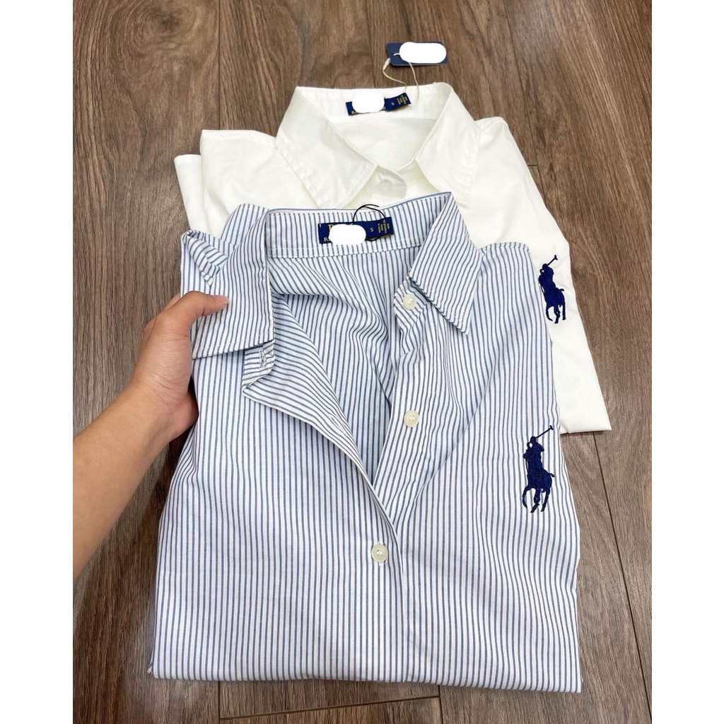 Áo sơ mi tay dài dáng rộng kẻ sọc dọc màu xanh dương nhạt thêu Hình  Ngựa phong cách Hàn Quốc 2022