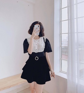 Chân váy nhung xếp tầng